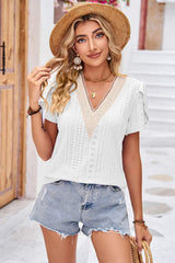 Eyelet V-Neck Petal Sleeve T-Shirt - Trendsi - Flyclothing LLC
