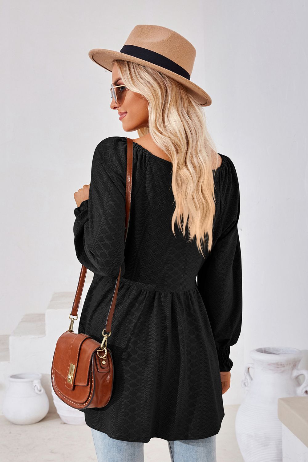 V-Neck Lantern Sleeve Blouse - Trendsi - Flyclothing LLC