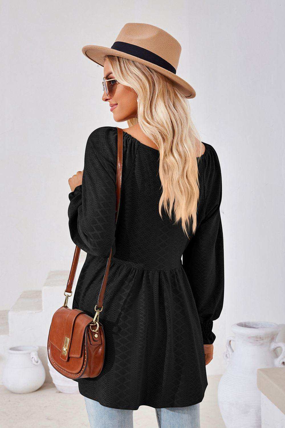 V-Neck Lantern Sleeve Blouse - Trendsi - Flyclothing LLC