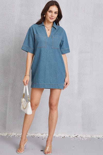Pocketed Collared Neck Mini Denim Dress - Trendsi