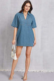 Pocketed Collared Neck Mini Denim Dress - Trendsi - Flyclothing LLC