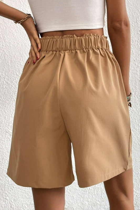 Buttoned Elastic Waist Pleated Detail Shorts - Flyclothing LLC