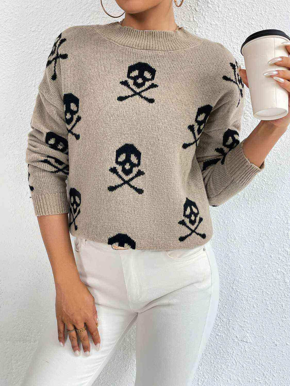 Patterned Drop Shoulder Sweater - Trendsi - Flyclothing LLC