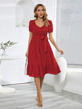 Smocked Tie Front Short Sleeve Tiered Dress - Trendsi - Flyclothing LLC