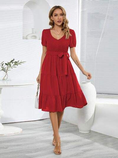 Smocked Tie Front Short Sleeve Tiered Dress - Trendsi - Flyclothing LLC