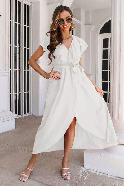 Ruffled Surplice Tie Waist Slit Midi Dress - Trendsi - Flyclothing LLC