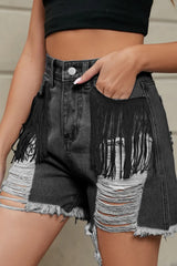 Fringe Trim Distressed Denim Shorts with Pockets - Trendsi - Flyclothing LLC