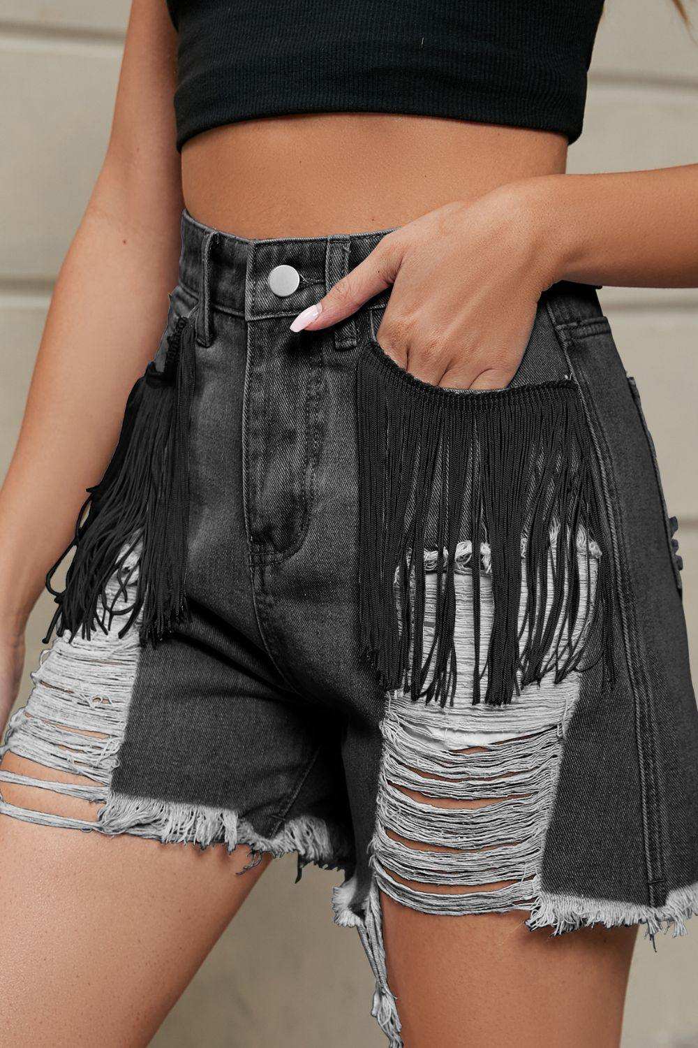 Fringe Trim Distressed Denim Shorts with Pockets - Trendsi - Flyclothing LLC