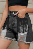 Fringe Trim Distressed Denim Shorts with Pockets - Trendsi - Flyclothing LLC