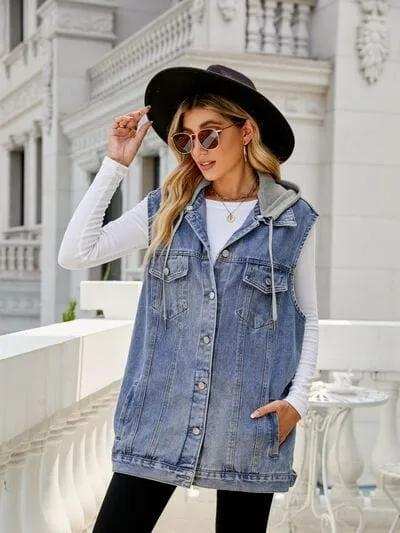 Drawstring Pocketed Button Up Sleeveless Denim Jacket - Trendsi - Flyclothing LLC