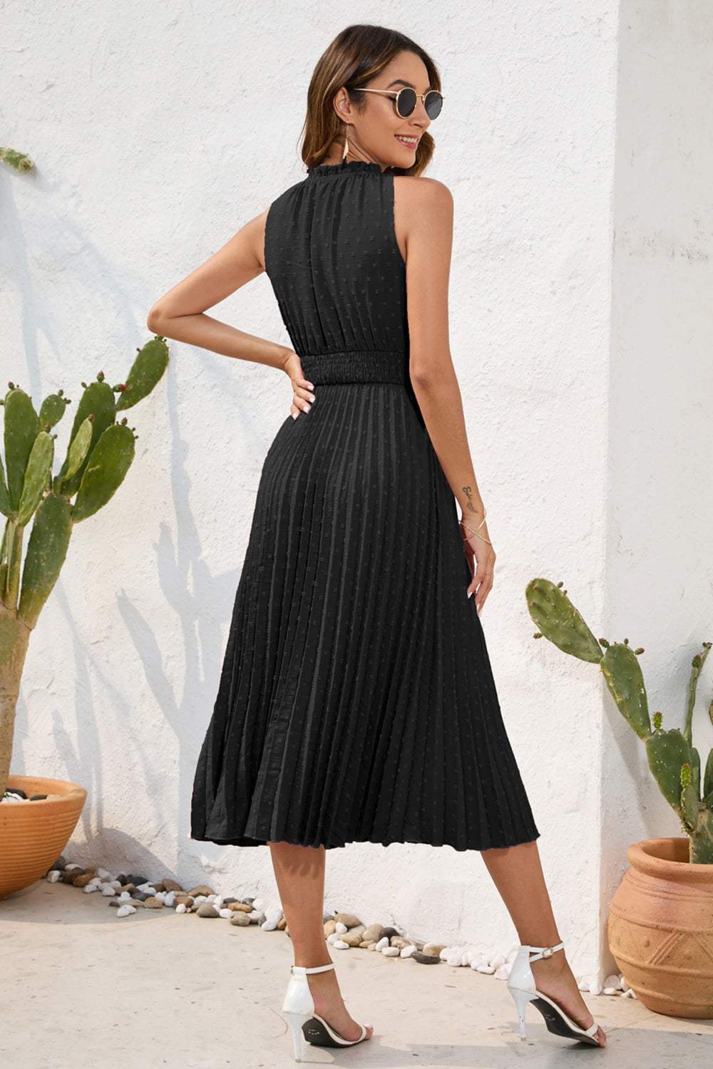 Swiss Dot Tie Neck Sleeveless Dress - Trendsi - Flyclothing LLC