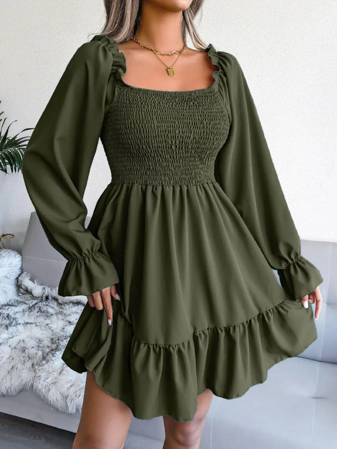 Smocked Flounce Sleeve Square Neck Dress - Trendsi - Flyclothing LLC