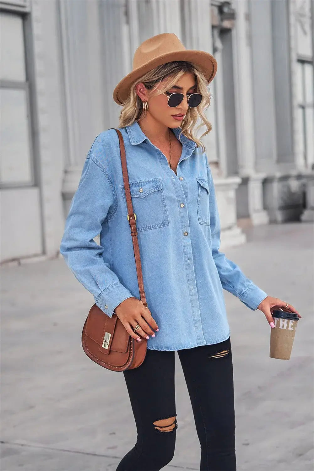 Collared Neck Dropped Shoulder Denim Top - Trendsi - Flyclothing LLC