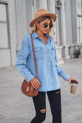 Collared Neck Dropped Shoulder Denim Top - Trendsi - Flyclothing LLC