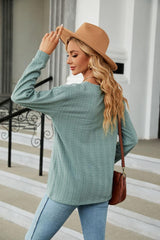 Decorative Button V-Neck Long Sleeve T-Shirt - Trendsi