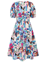 Ruched Printed Surplice Short Sleeve Dress - Trendsi