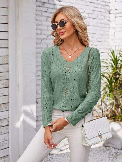 Decorative Button Openwork V-Neck T-Shirt - Trendsi - Flyclothing LLC