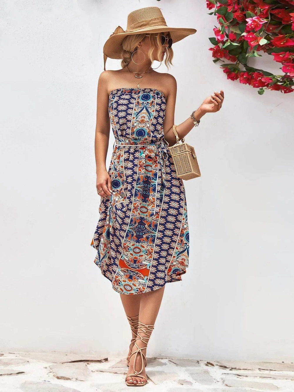 Printed Strapless Tie Belt Dress - Trendsi - Flyclothing LLC