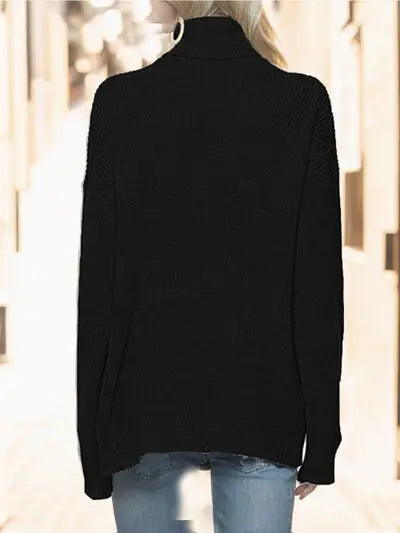 Turtleneck Drop Shoulder Long Sleeve Sweater - Trendsi - Flyclothing LLC