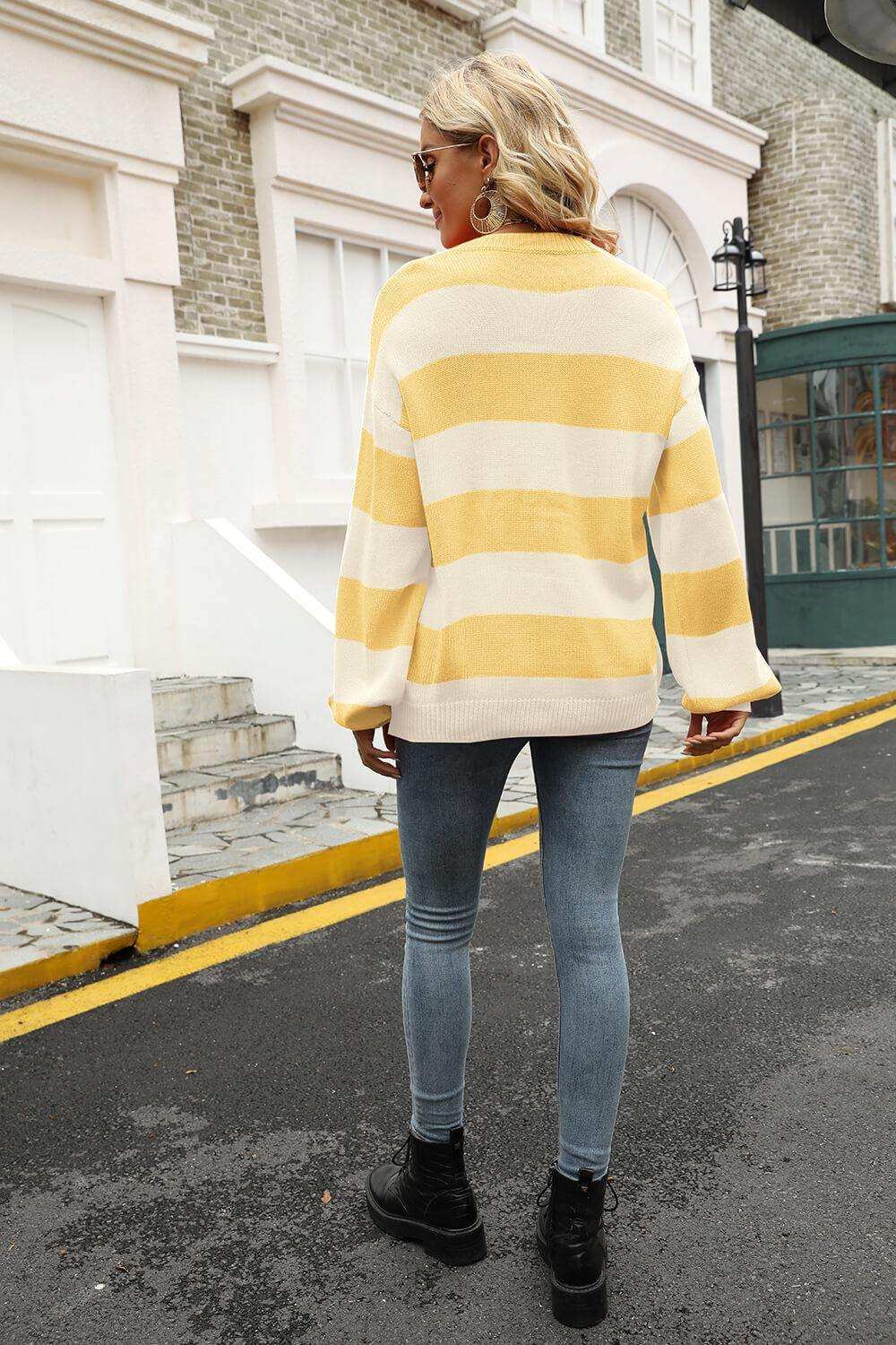 Striped Balloon Sleeve Knit Pullover - Trendsi - Flyclothing LLC