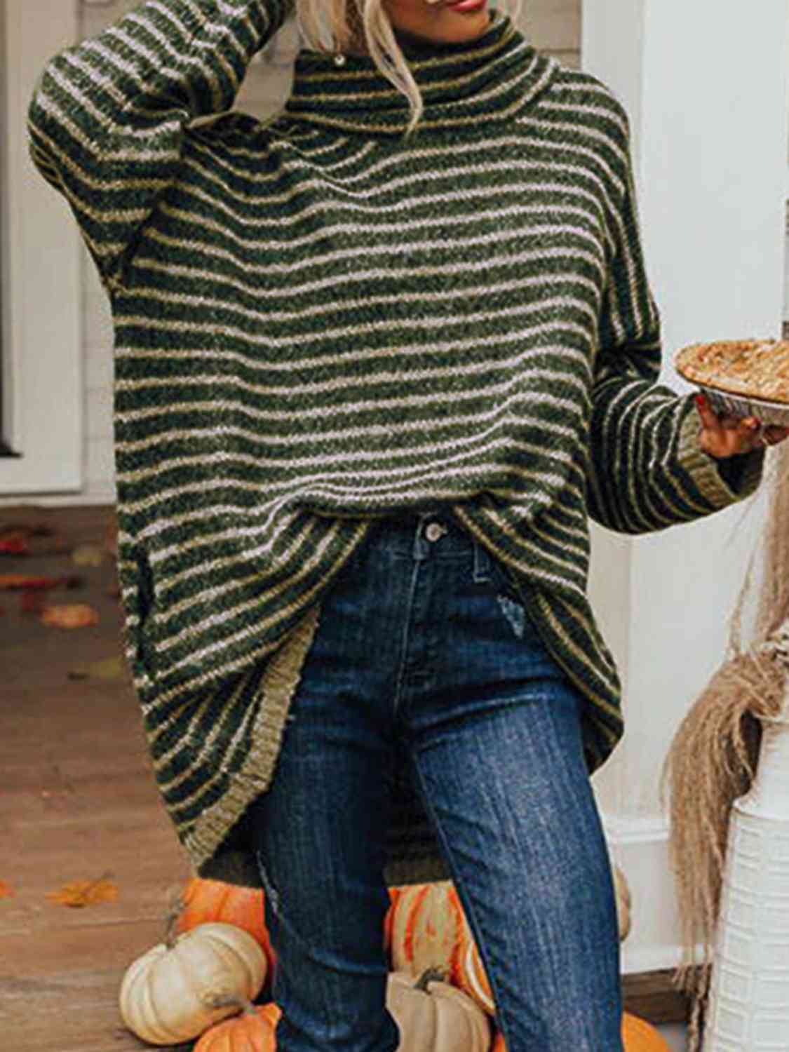 Striped Turtleneck Sweater with Pockets - Trendsi - Flyclothing LLC