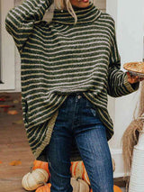 Striped Turtleneck Sweater with Pockets - Trendsi - Flyclothing LLC