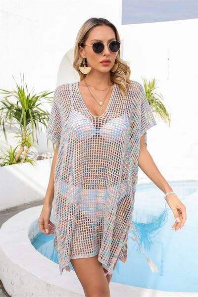 Openwork Slit V-Neck Cover Up - Trendsi - Flyclothing LLC
