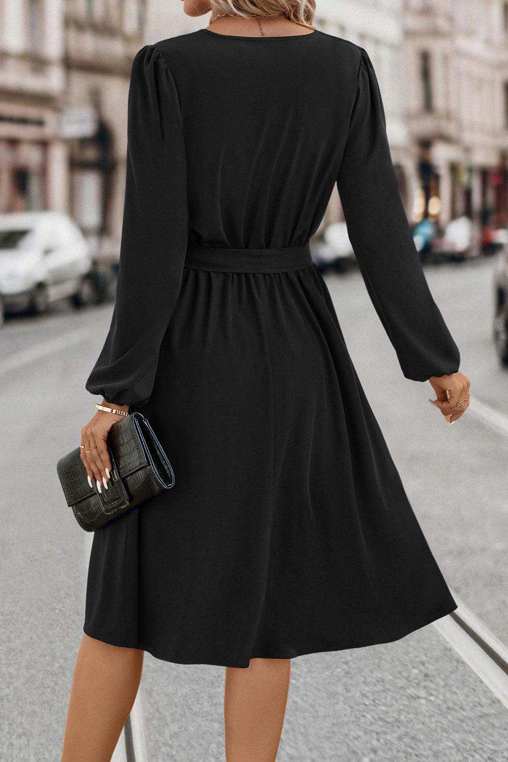 Tie Waist Notched Neck Long Sleeve Dress - Trendsi - Flyclothing LLC
