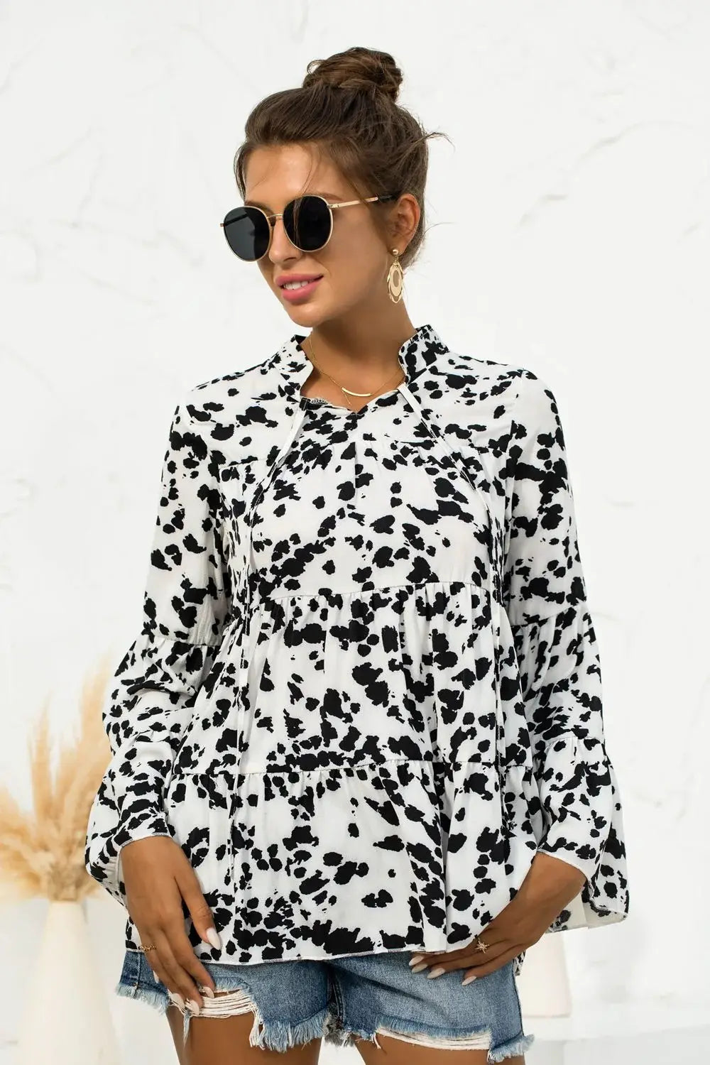 Printed Flare Sleeve Tie Neck Ruffle Trim Blouse - Trendsi - Flyclothing LLC
