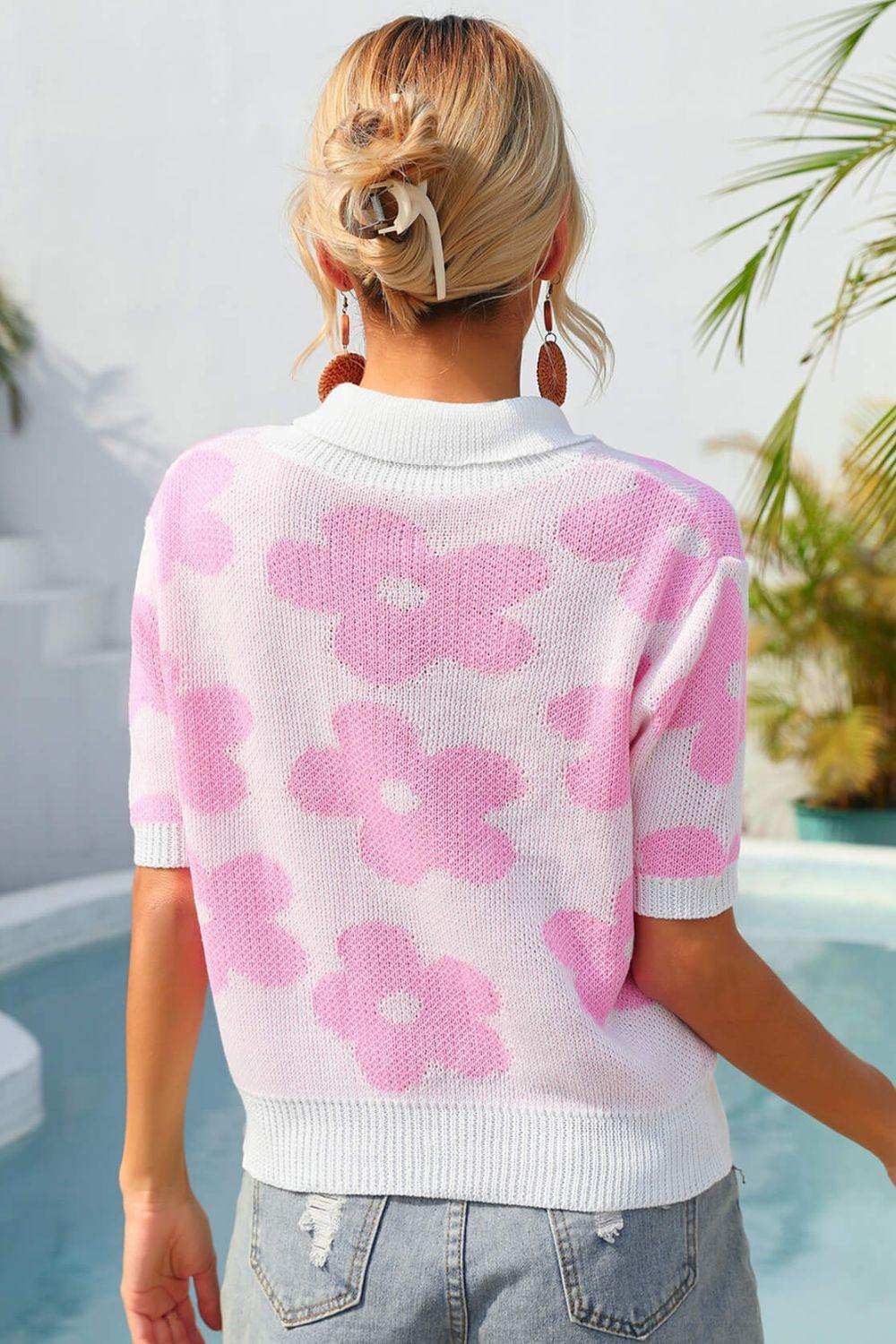 Floral Johnny Collar Half Sleeve Knit Top - Trendsi - Flyclothing LLC