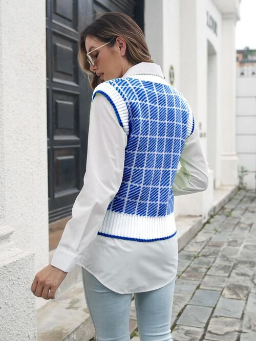 Plaid V-Neck Sweater Vest - Trendsi