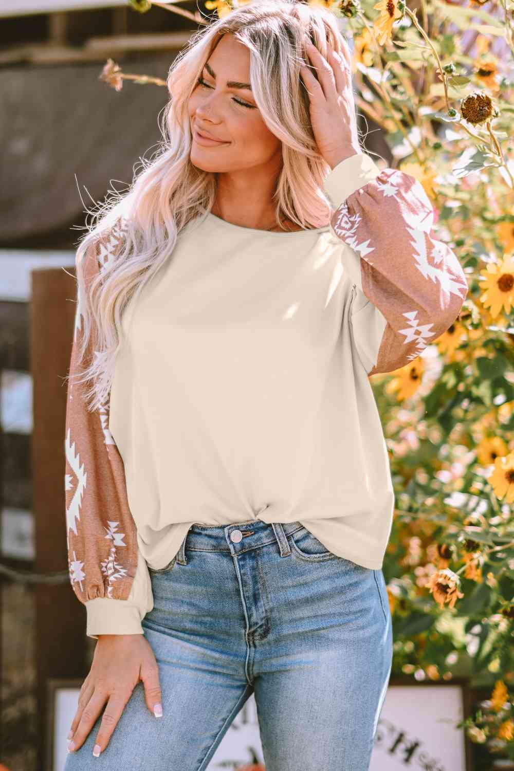 Geometric Round Neck Long Sleeve T-Shirt - Trendsi - Flyclothing LLC