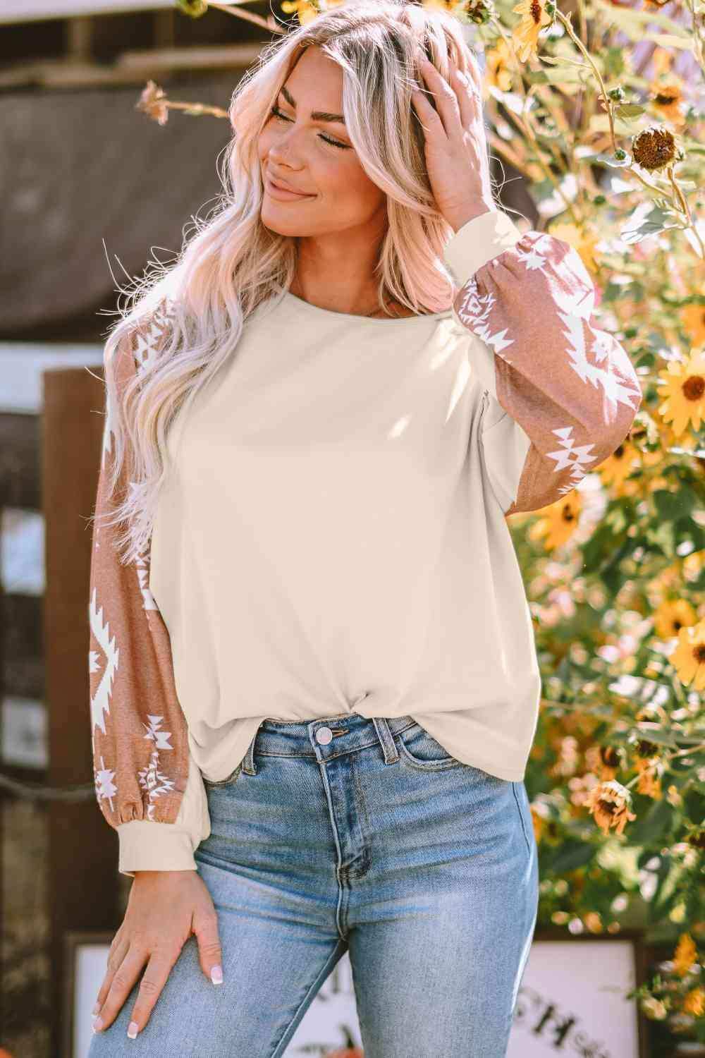 Geometric Round Neck Long Sleeve T-Shirt - Trendsi - Flyclothing LLC