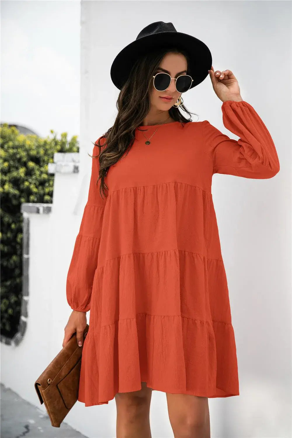 Balloon Sleeve Keyhole Tiered Dress - Trendsi - Flyclothing LLC