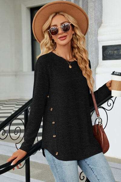 Decorative Button Round Neck T-Shirt - Trendsi - Flyclothing LLC