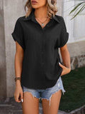 Textured Button Up Cap Sleeve Shirt - Trendsi - Flyclothing LLC