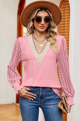 Openwork V-Neck Long Sleeve T-Shirt - Trendsi - Flyclothing LLC