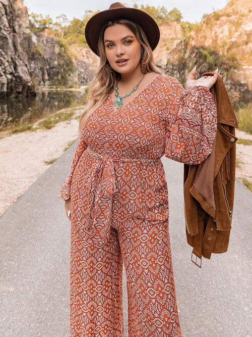 Plus Size Printed V-Neck Tie Front Balloon Sleeve Jumpsuit - Trendsi - Flyclothing LLC