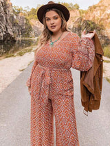 Plus Size Printed V-Neck Tie Front Balloon Sleeve Jumpsuit - Trendsi - Flyclothing LLC