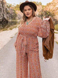 Plus Size Printed V-Neck Tie Front Balloon Sleeve Jumpsuit - Trendsi - Flyclothing LLC