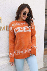 Reindeer & Snowflake Pattern Dropped Shoulder Pullover Sweater - Trendsi - Flyclothing LLC