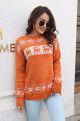 Reindeer & Snowflake Pattern Dropped Shoulder Pullover Sweater - Trendsi