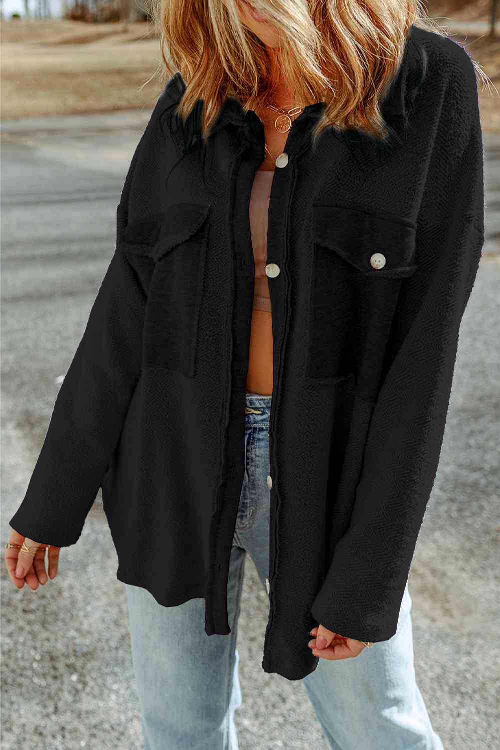 Button Down Long Sleeve Jacket - Trendsi - Flyclothing LLC