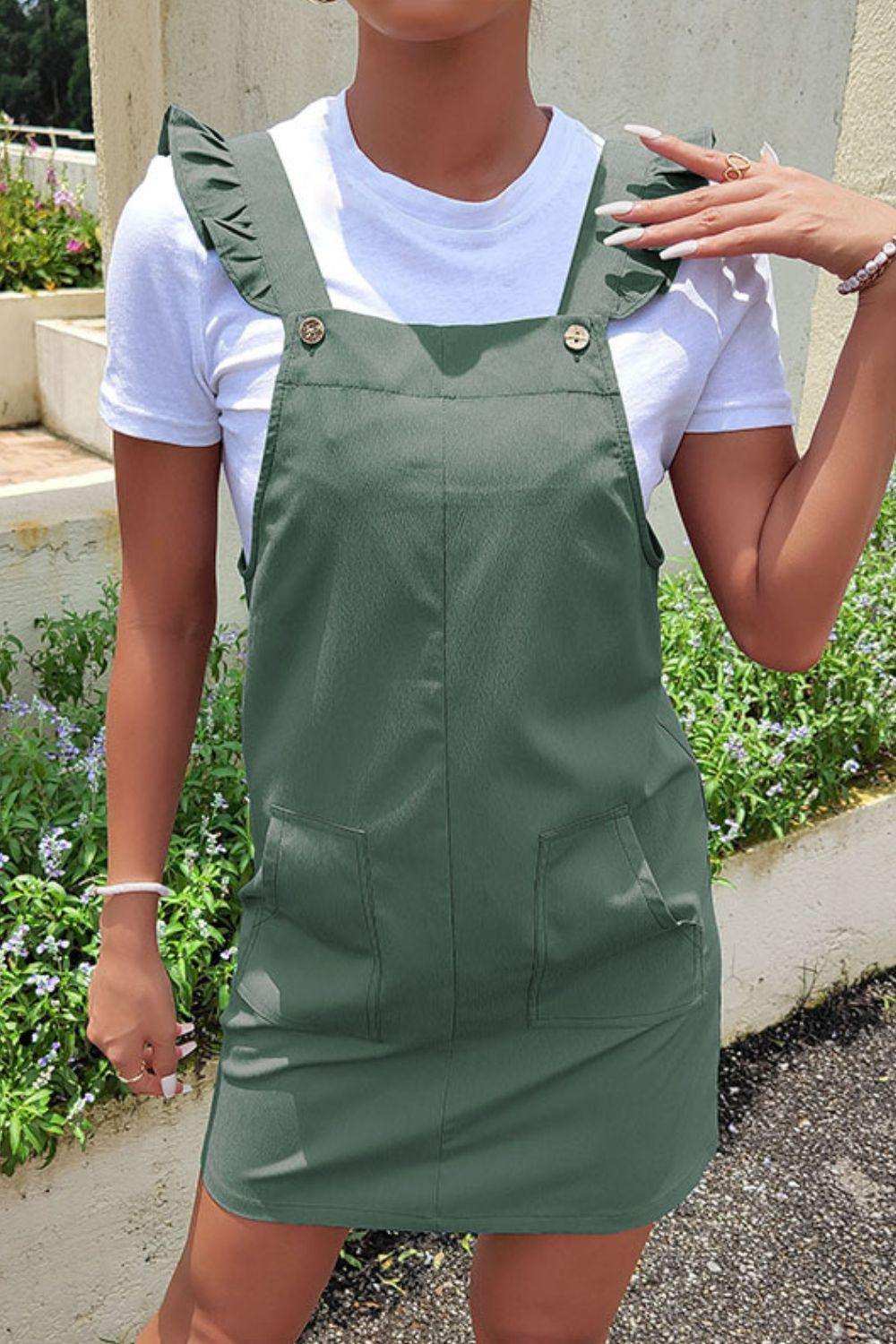Ruffed Overall Dress with Pockets - Trendsi - Flyclothing LLC