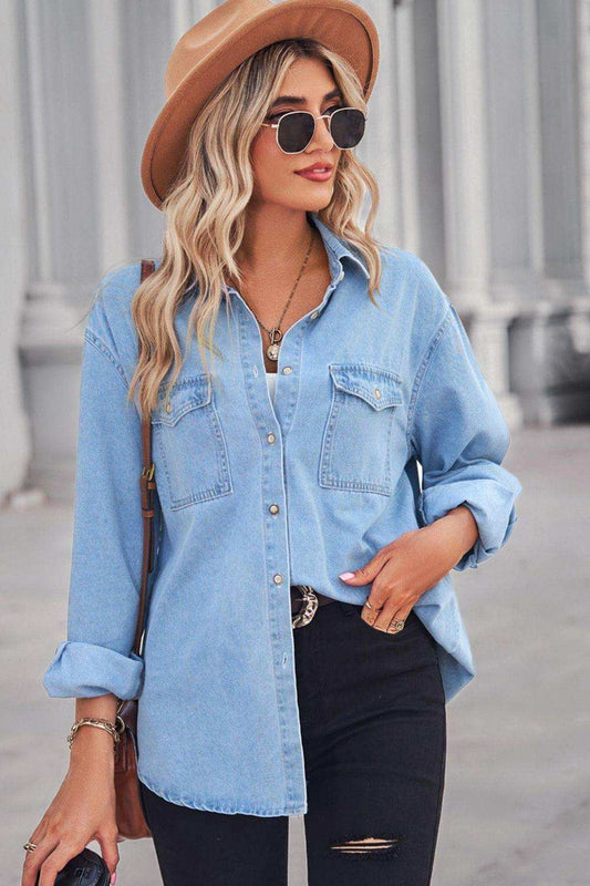 Collared Neck Dropped Shoulder Denim Top - Trendsi - Flyclothing LLC