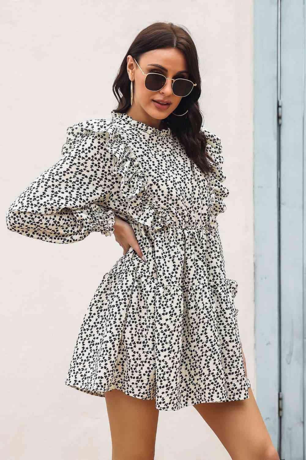 Printed Ruffle Trim Smocked Long Sleeve Mini Dress - Trendsi