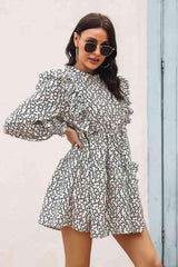 Printed Ruffle Trim Smocked Long Sleeve Mini Dress - Trendsi