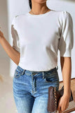 Round Neck Puff Sleeve Knit Top - Trendsi - Flyclothing LLC