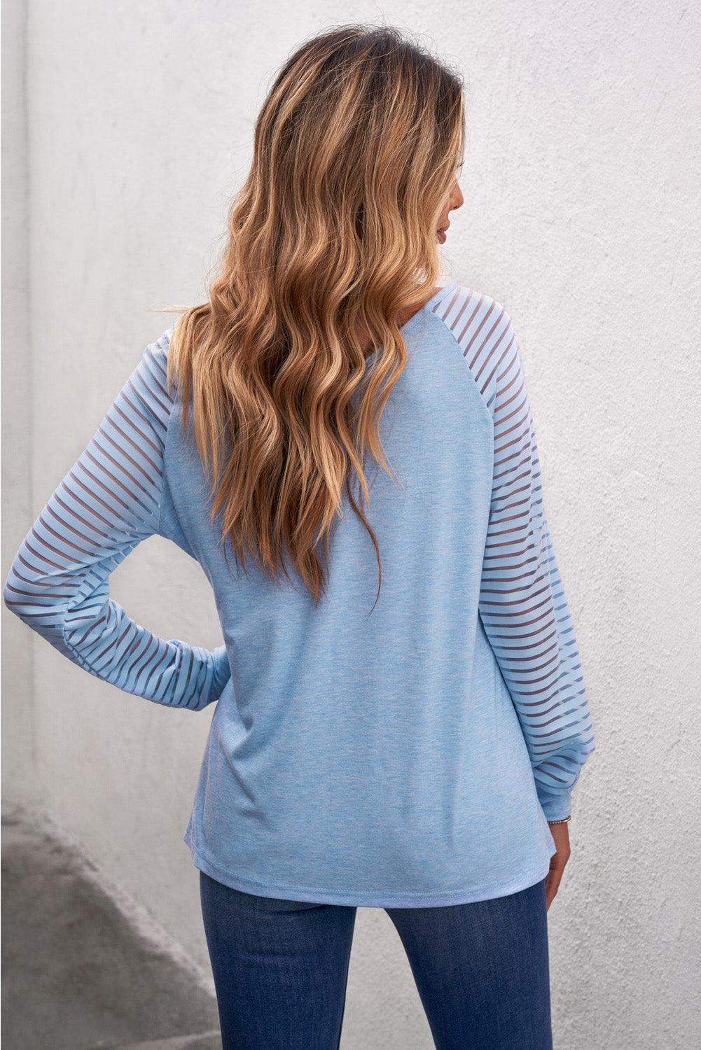 Sheer Striped V-Neck Top - Trendsi - Flyclothing LLC