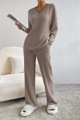 Ribbed V-Neck Top and Pants Set - Trendsi - Flyclothing LLC